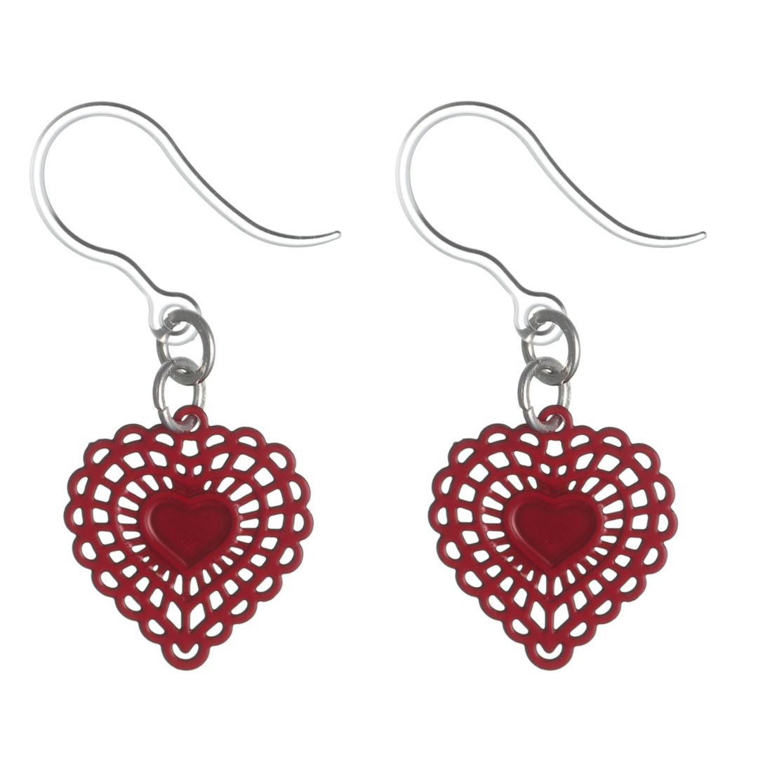 Doily Heart Dangles Hypoallergenic Earrings for Sensitive Ears Made with Plastic Posts