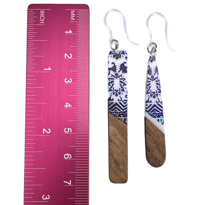 Stamped Wooden Celluloid Bar Earrings (Dangles) - size