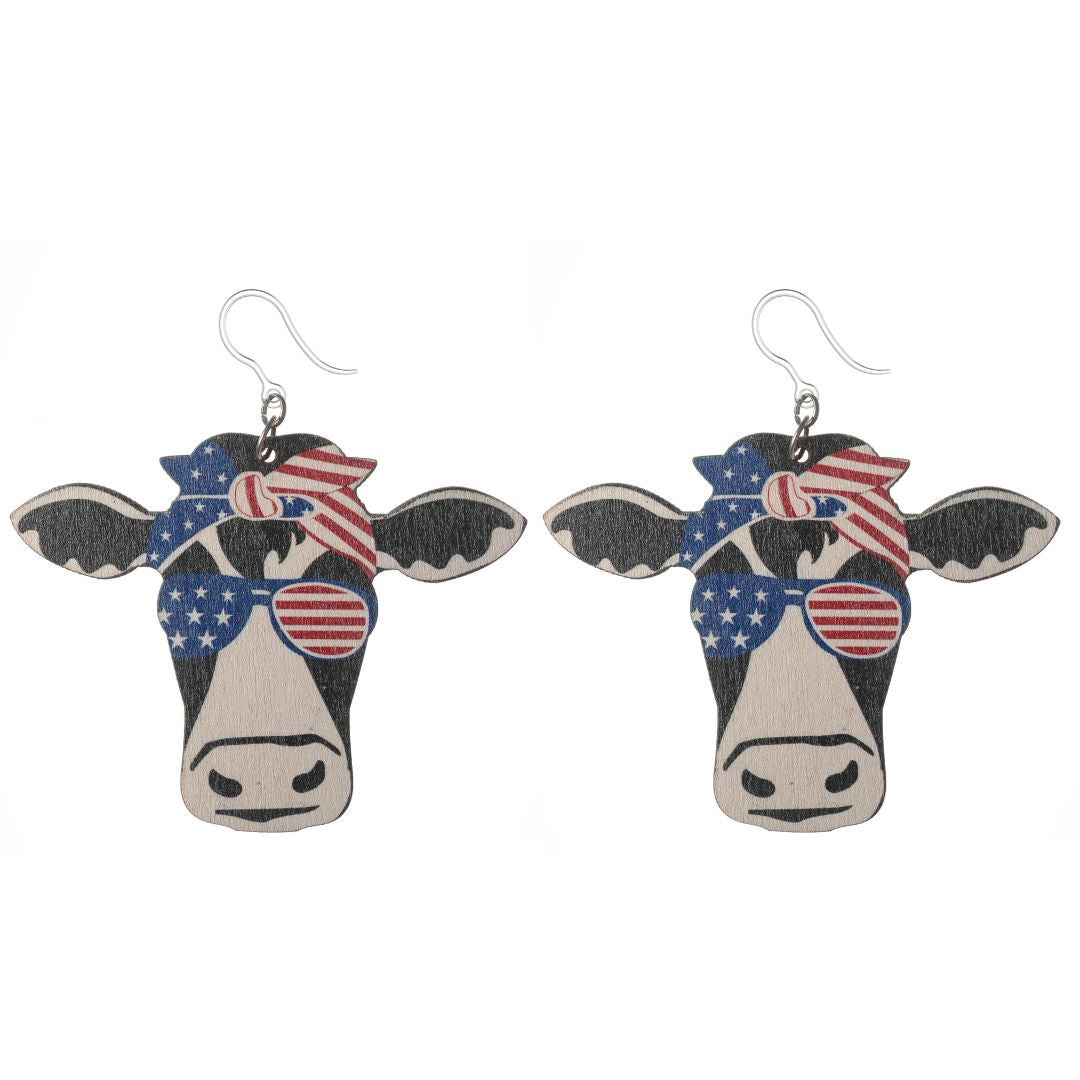 Exaggerated Patriotic Cow Dangles Hypoallergenic Earrings for Sensitive Ears Made with Plastic Posts