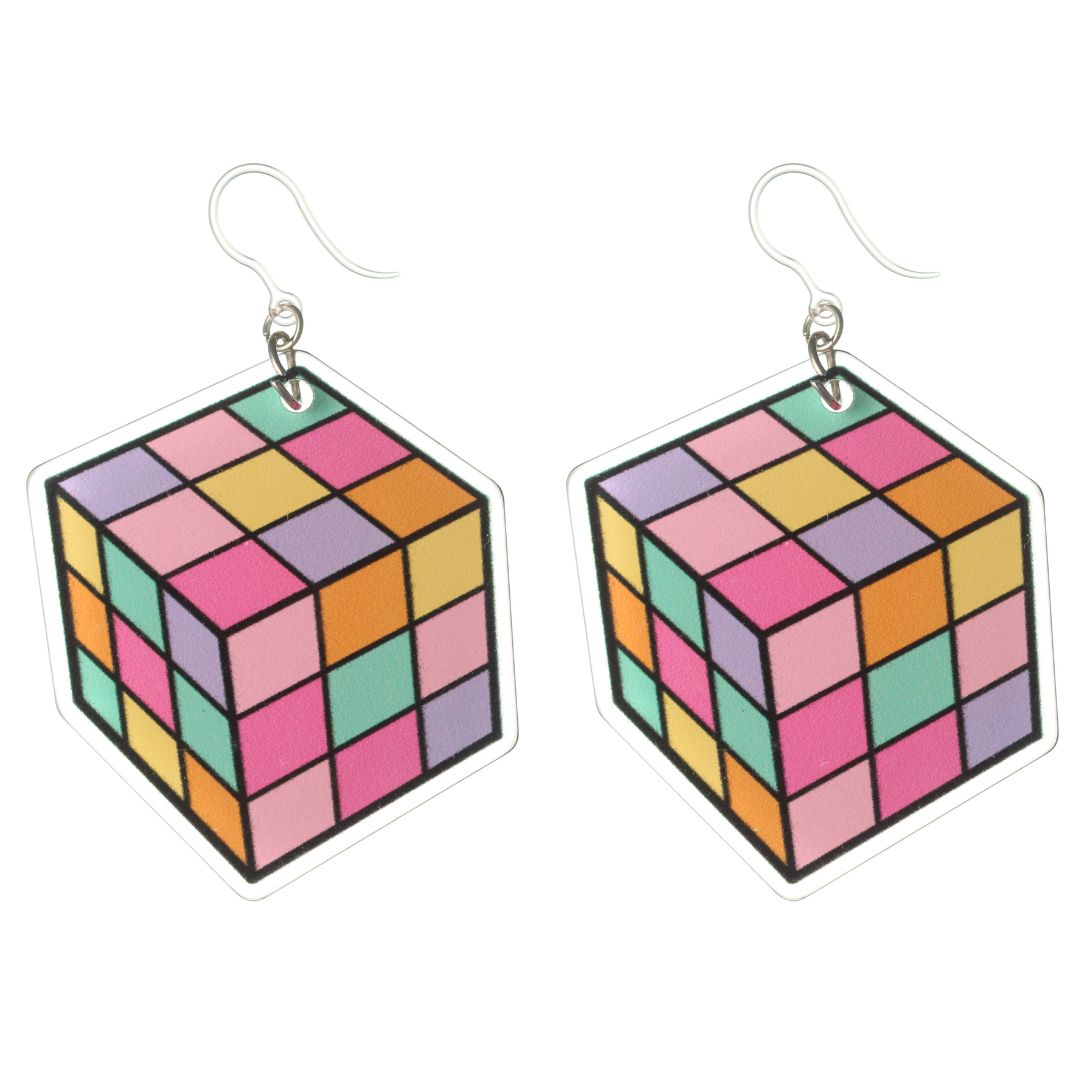 Exaggerated Flat Puzzle Cube Dangles Hypoallergenic Earrings for Sensitive Ears Made with Plastic Posts