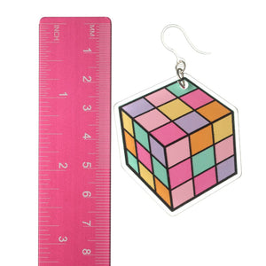 Exaggerated Flat Puzzle Cube Dangles Hypoallergenic Earrings for Sensitive Ears Made with Plastic Posts