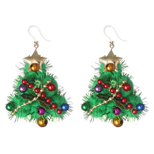 Exaggerated Tinsel Pom Christmas Tree Dangles Hypoallergenic Earrings for Sensitive Ears Made with Plastic Posts