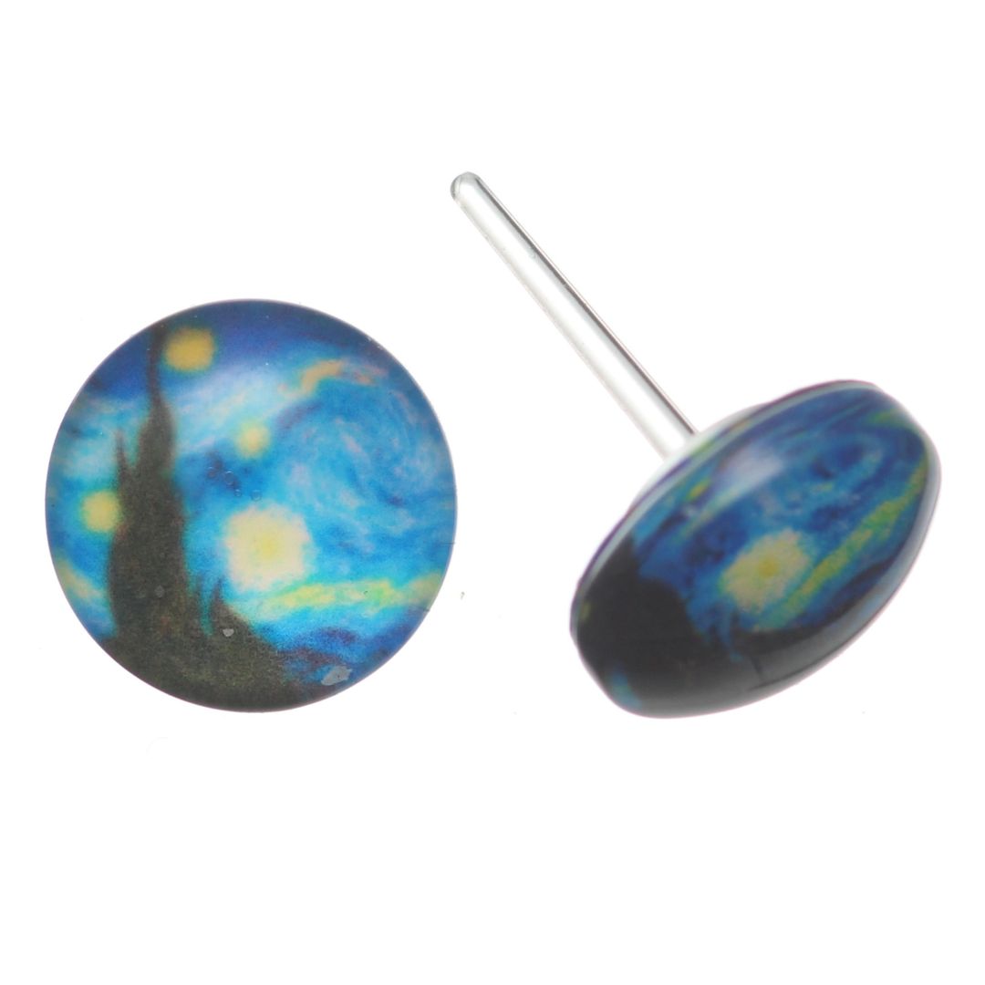 Glass Van Gogh Button Studs Hypoallergenic Earrings for Sensitive Ears Made with Plastic Posts