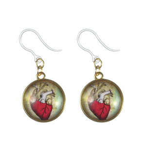 Glass Anatomical Heart Dangles Hypoallergenic Earrings for Sensitive Ears Made with Plastic Posts