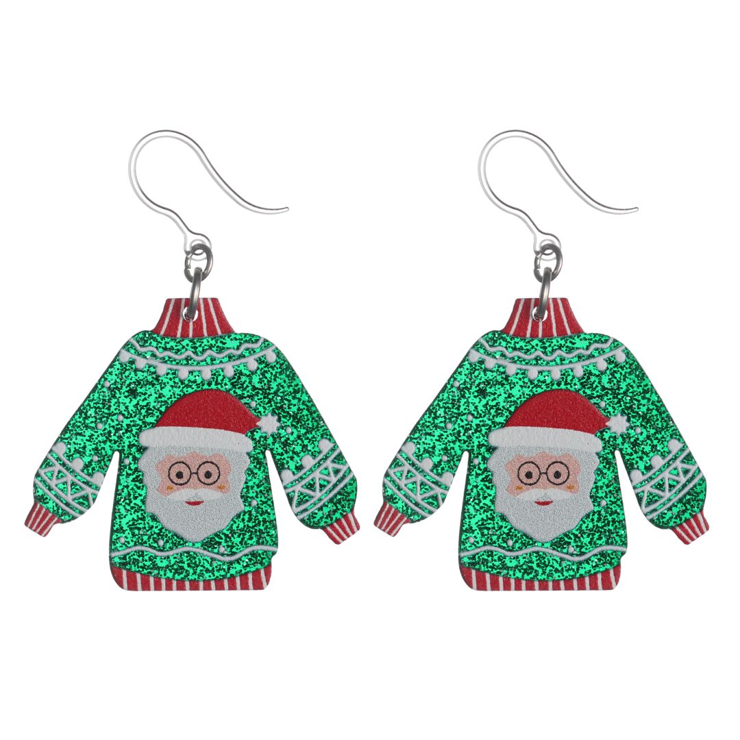Glittery Christmas Sweater Dangles Hypoallergenic Earrings for Sensitive Ears Made with Plastic Posts