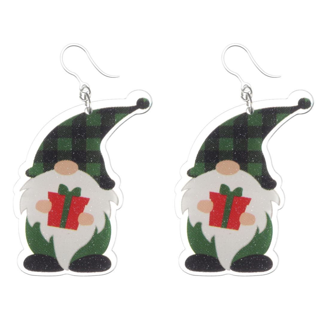 Exaggerated Sparkly Christmas Gnome Earrings (Dangles) - green