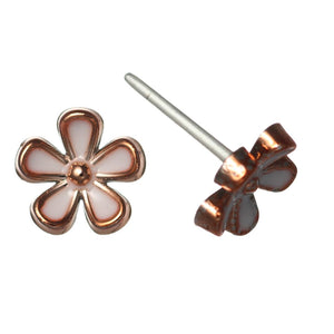 Tiny Gold Rimmed Flower Earrings (Studs) - white - 9mm