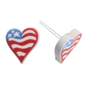 American Flag Heart Studs Hypoallergenic Earrings for Sensitive Ears Made with Plastic Posts