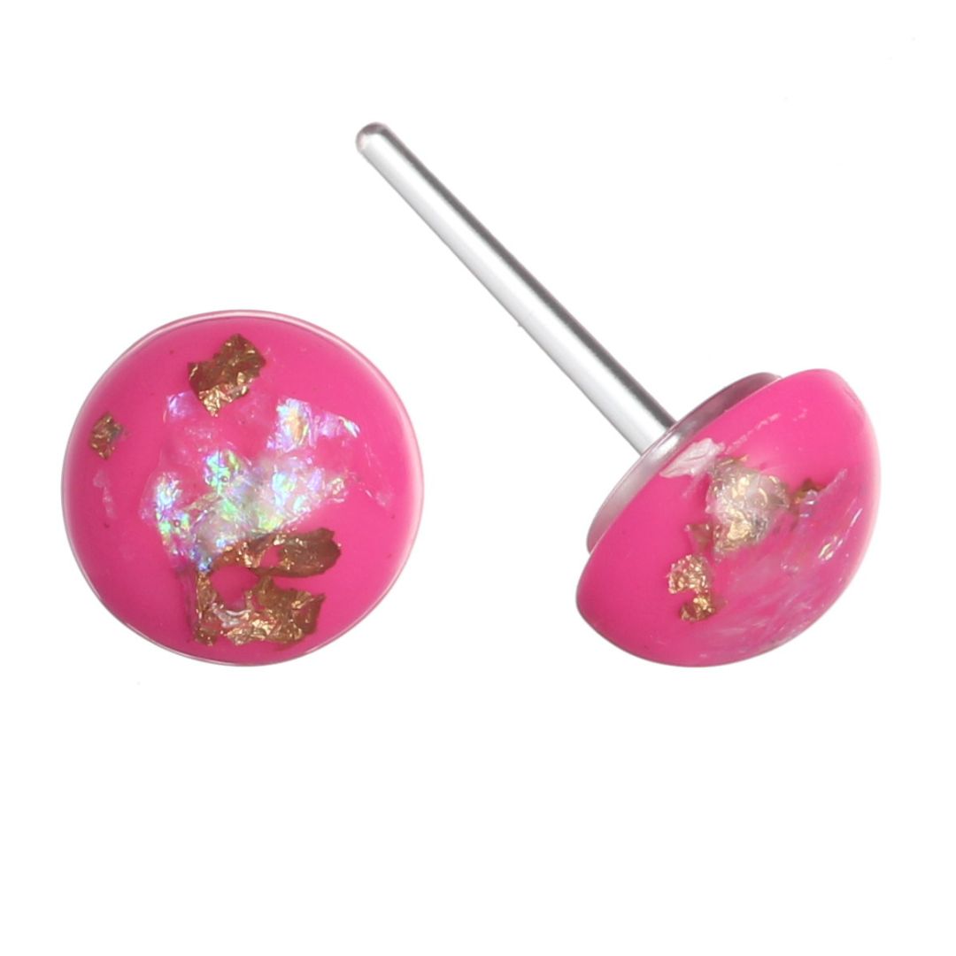 Gold Fleck Button Earrings (Studs) - hot pink