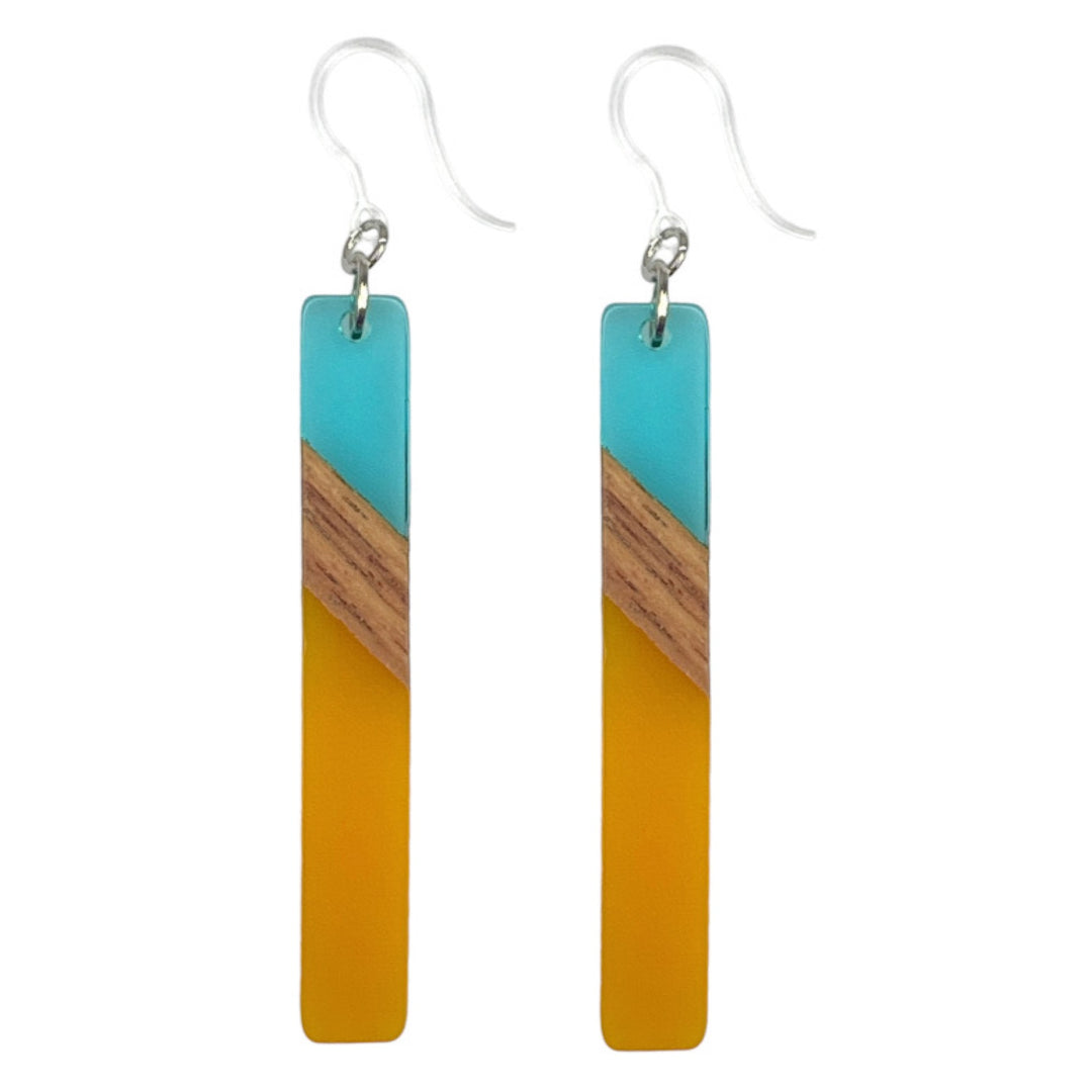Color Block Wooden Celluloid Bar Earrings (Dangles) - turquoise/yellow