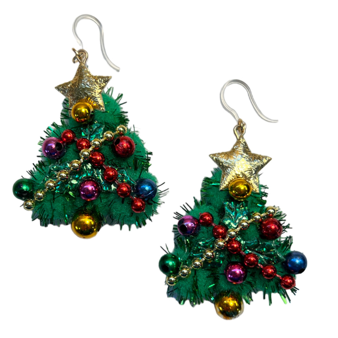 Exaggerated Tinsel Pom Christmas Tree Earrings (Dangles)