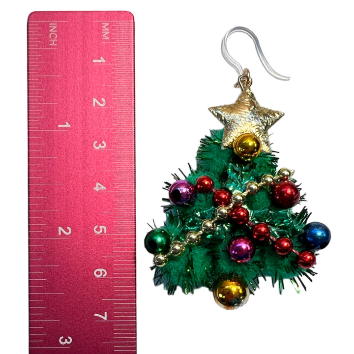 Exaggerated Tinsel Pom Christmas Tree Earrings (Dangles) - size