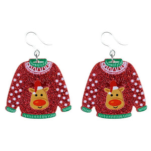 Glittery Christmas Sweater Earrings (Dangles) - reindeer