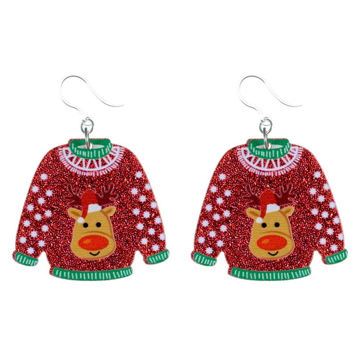 Glittery Christmas Sweater Earrings (Dangles) - reindeer