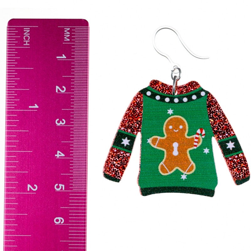 Glittery Christmas Sweater Earrings (Dangles) - gingerbread - size