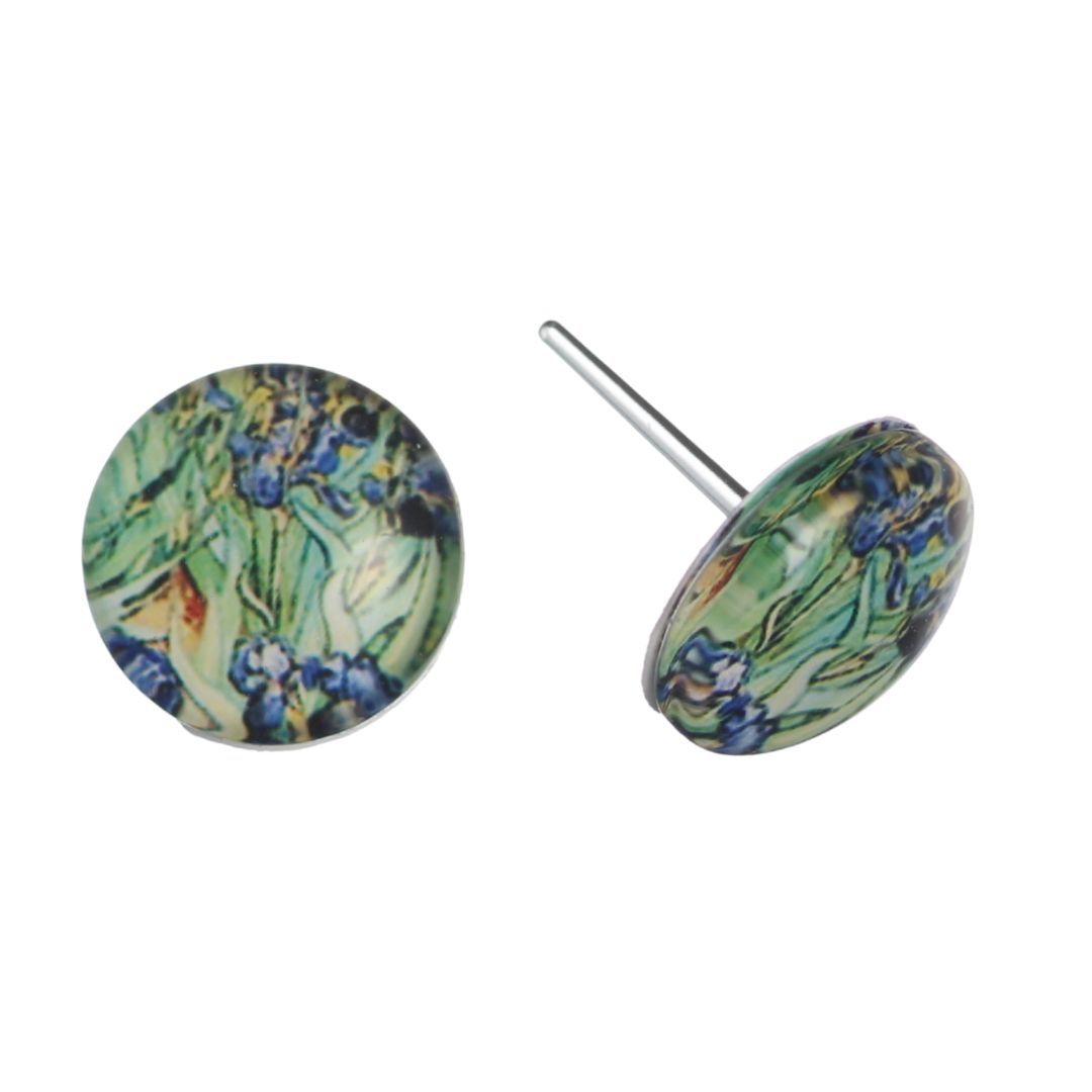Glass Van Gogh Button Earrings (Studs) - Irises 12mm