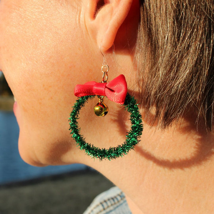 Christmas Wreath Bell Dangles Hypoallergenic Earrings for Sensitive Ears Made with Plastic Posts