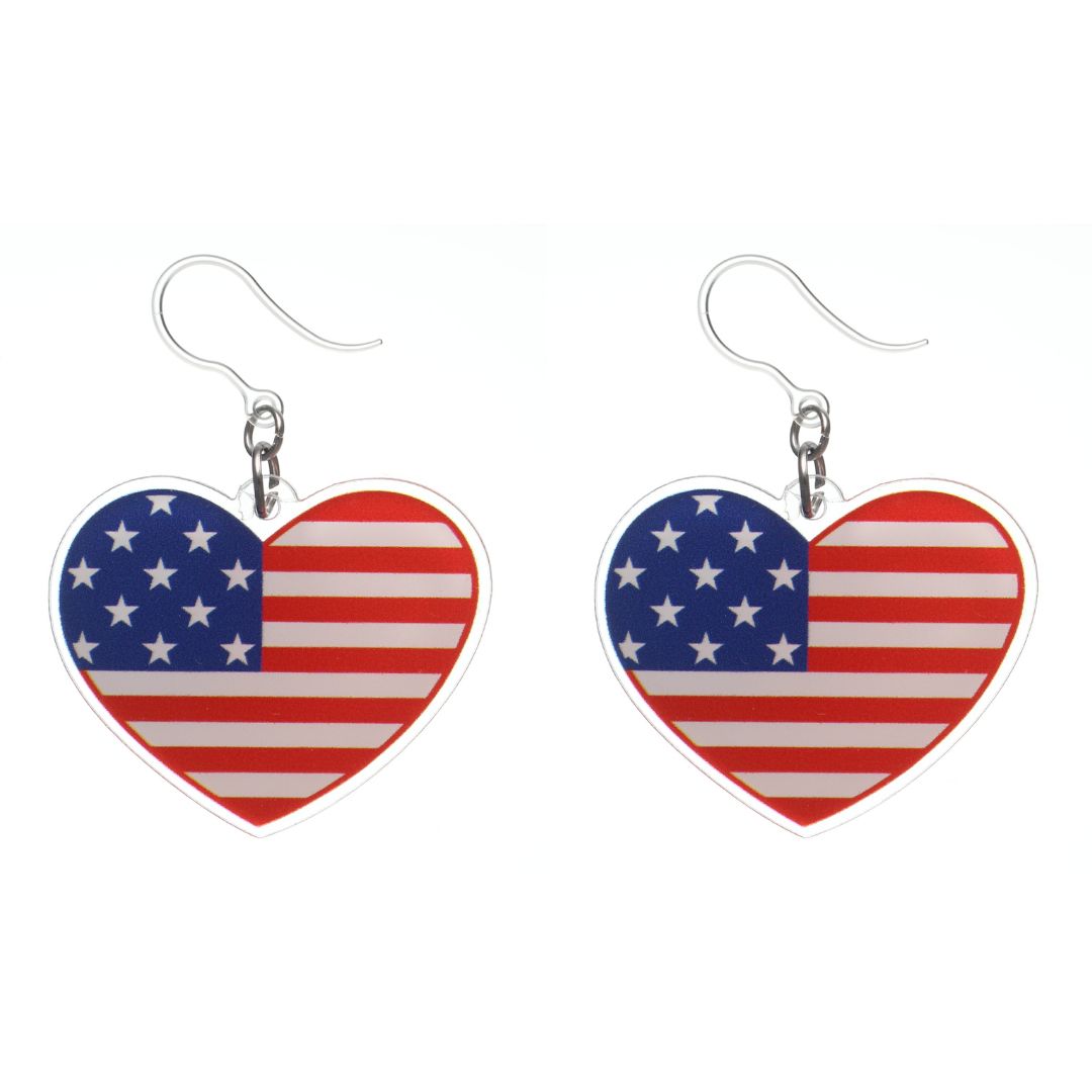 Patriotic Heart Dangles Hypoallergenic Earrings for Sensitive Ears Made with Plastic Posts
