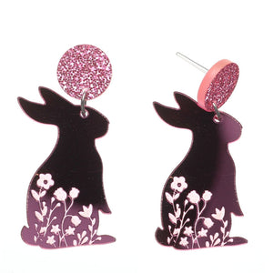 Pink Floral Rabbit Dangles Hypoallergenic Earrings for Sensitive Ears Made with Plastic Posts