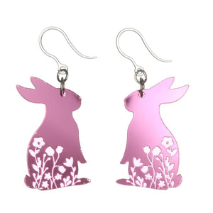 Pink Floral Rabbit Dangles Hypoallergenic Earrings for Sensitive Ears Made with Plastic Posts