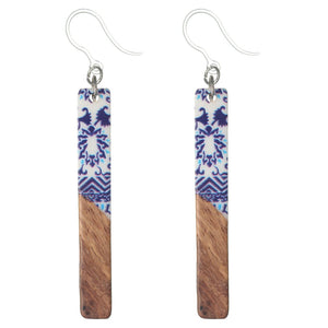 Stamped Wooden Celluloid Bar Dangles Hypoallergenic Earrings for Sensitive Ears Made with Plastic Posts