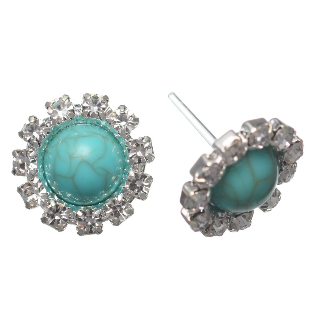 Rhinestone Wrapped Turquoise Stone Studs Hypoallergenic Earrings for Sensitive Ears Made with Plastic Posts