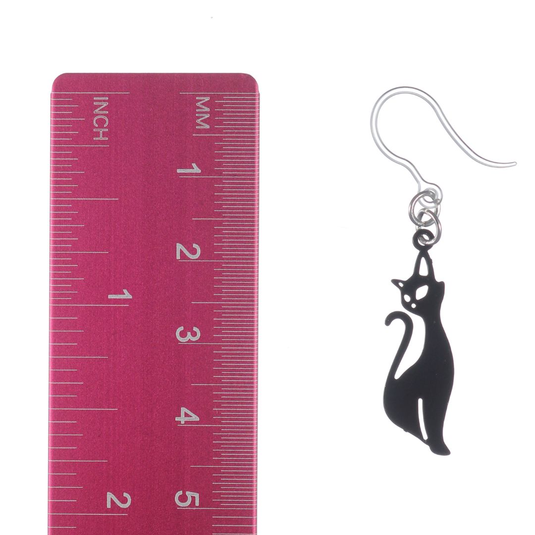 Handcrafted Black Cat Cameo Dangle Earrings – Silver Pewter Frame, Made In USA