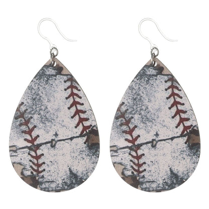 Wooden Baseball Teardrop Earrings (Dangles) - large print