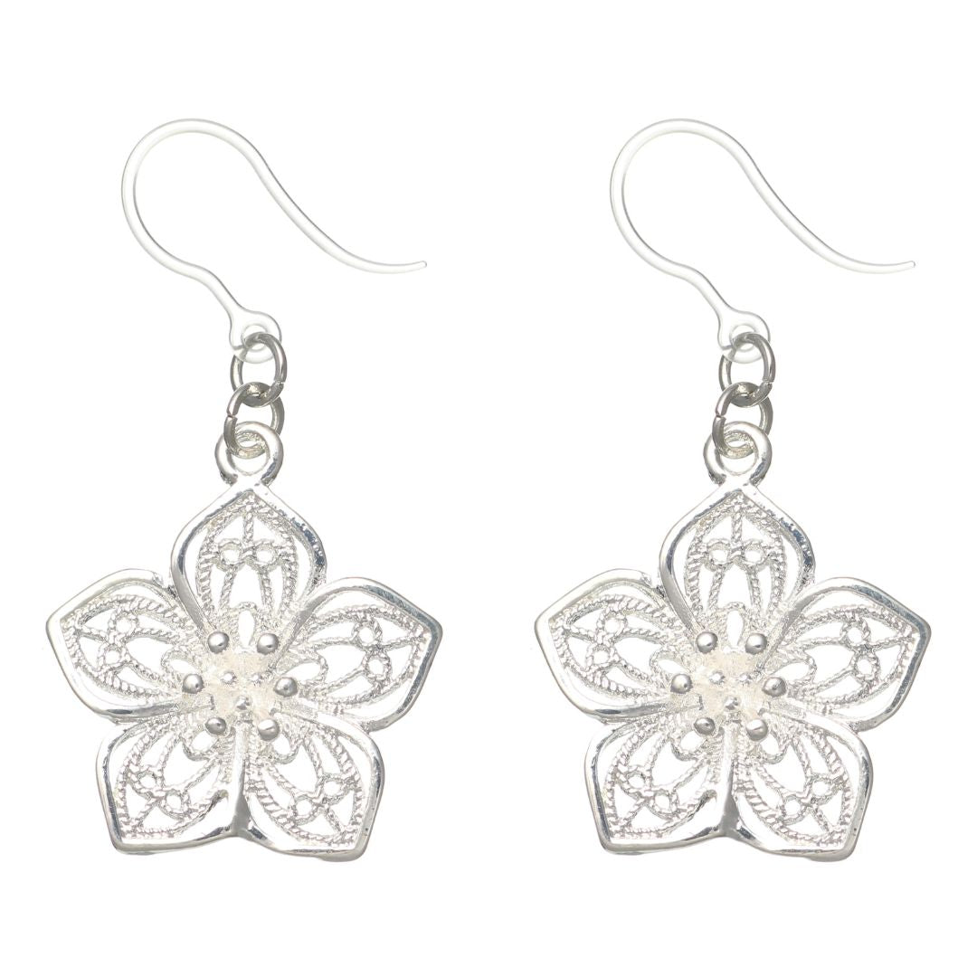 Silver Decorative Flower Dangles Hypoallergenic Earrings for Sensitive Ears Made with Plastic Posts