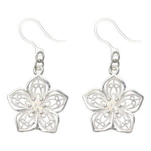 Silver Decorative Flower Dangles Hypoallergenic Earrings for Sensitive Ears Made with Plastic Posts