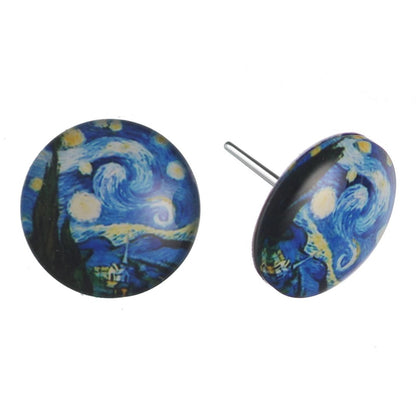 Glass Van Gogh Button Earrings (Studs) - Starry Night 16mm