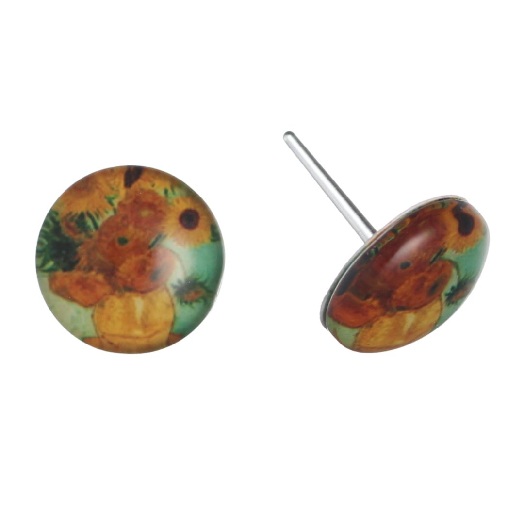 Glass Van Gogh Button Earrings (Studs) - Sunflowers 12mm
