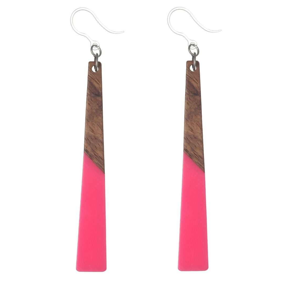 Hot Pink Wooden Celluloid Earrings (Dangles)