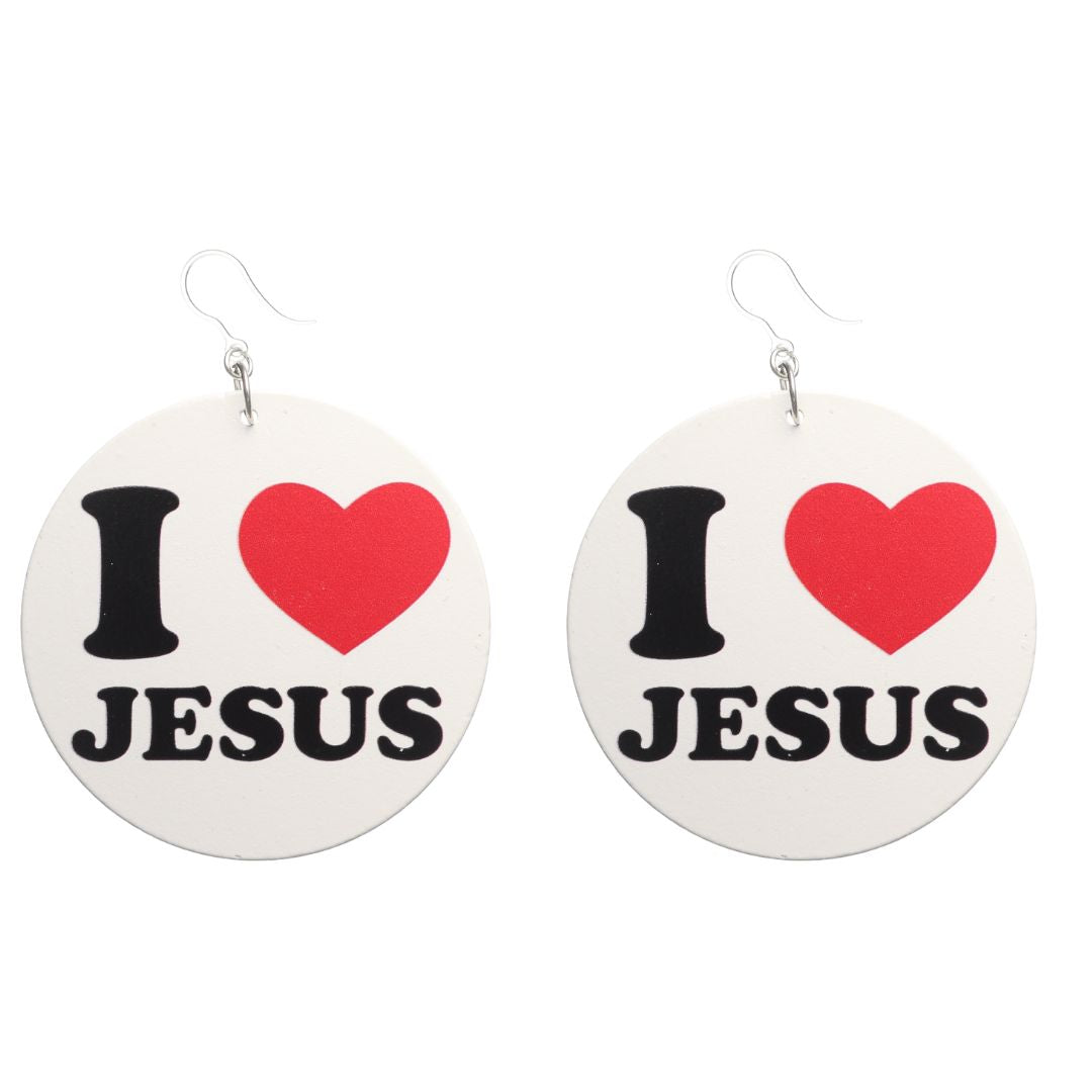 Exaggerated Wooden I Love Jesus Earrings (Dangles)