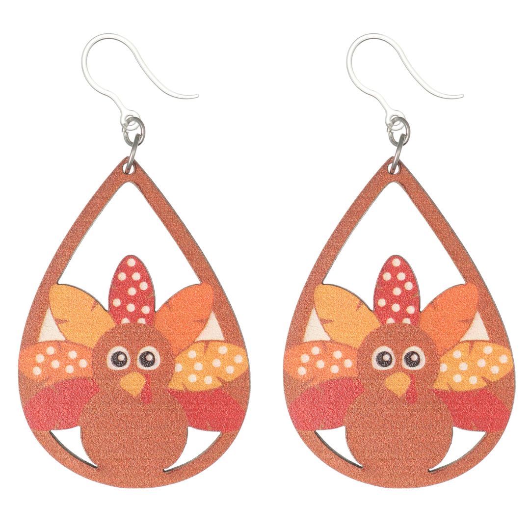 Wooden Turkey Dangles Hypoallergenic Earrings for Sensitive Ears Made with Plastic Posts