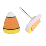 Candy corn stud earrings in white, orange, and yellow with black outlines, shown from front and side