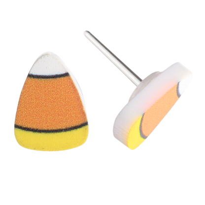 Candy corn stud earrings in white, orange, and yellow with black outlines, shown from front and side