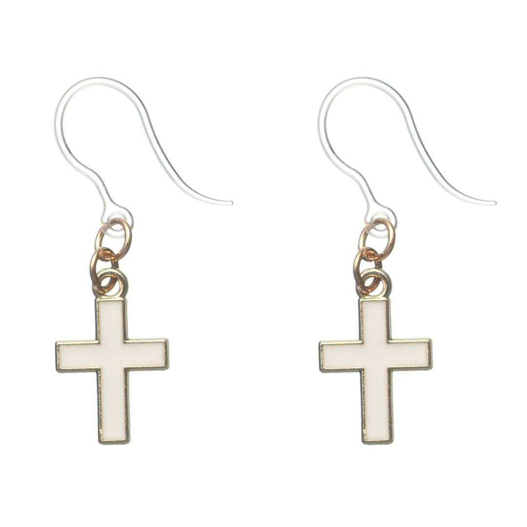 Gold Rimmed Cross Earrings (Dangles) - white