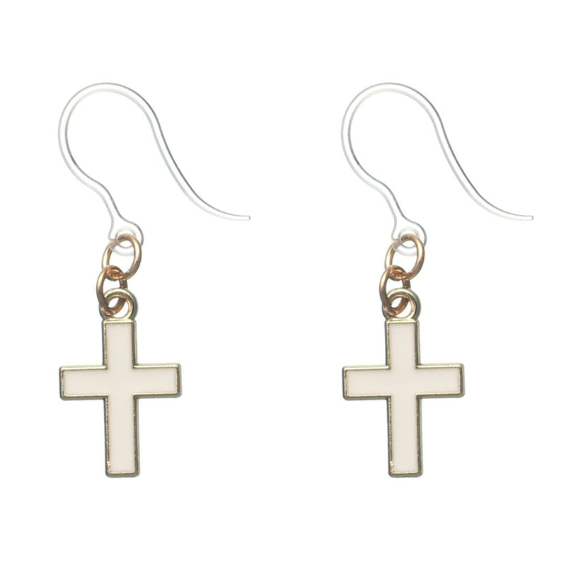 Gold Rimmed Cross Earrings (Dangles) - white