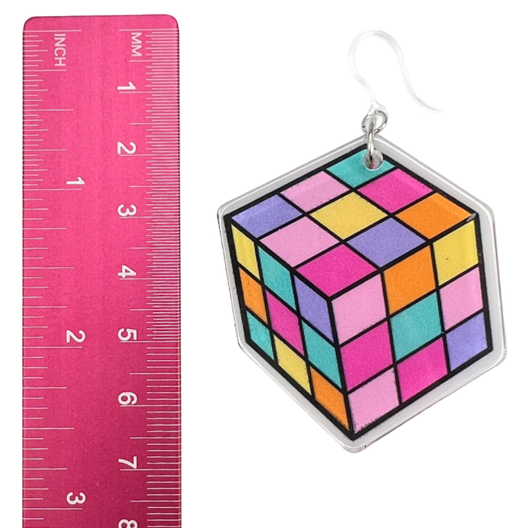 Exaggerated Flat Puzzle Cube Earrings (Dangles) - size