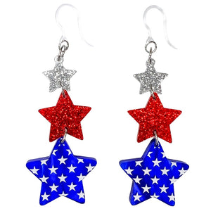 Exaggerated Patriotic Star Dangles Hypoallergenic Earrings for Sensitive Ears Made with Plastic Posts
