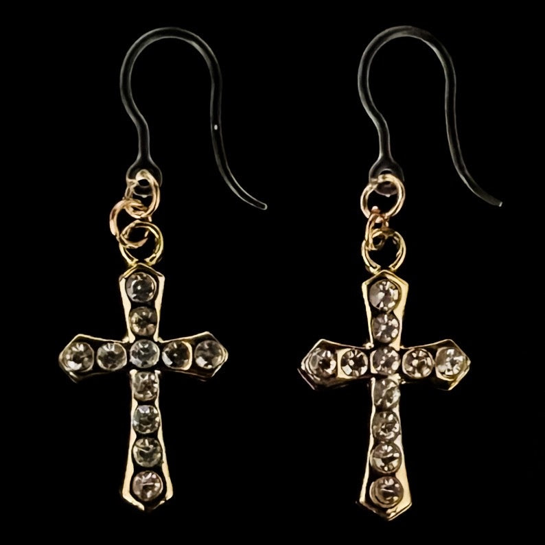 Faux Diamond Cross Earrings (Dangles) - gold