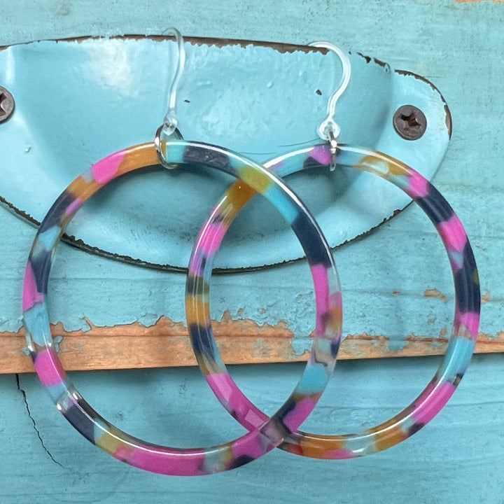 Multicolor Celluloid Hoop Earrings (Dangles) - bright