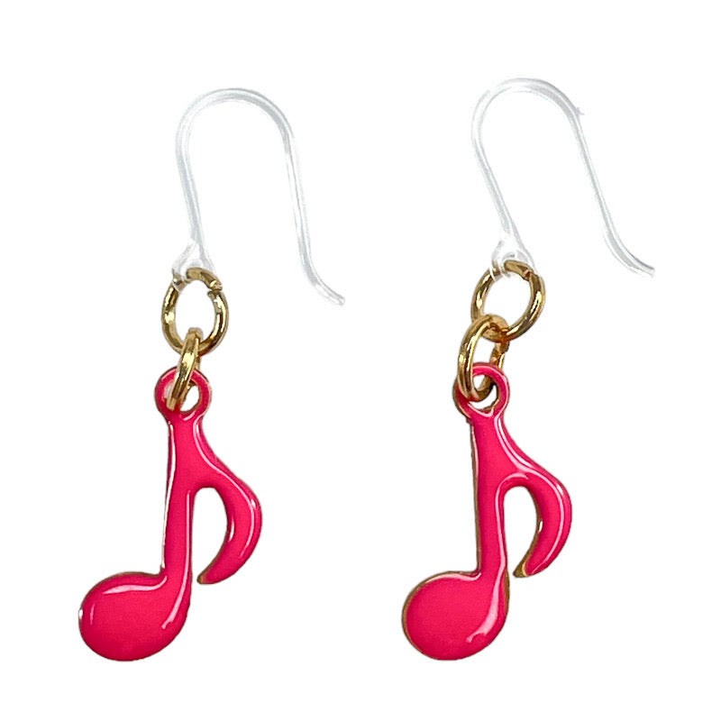 Painted Music Earrings (Dangles) - single eighth note - pink