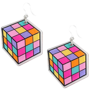 Exaggerated Flat Puzzle Cube Earrings (Dangles)