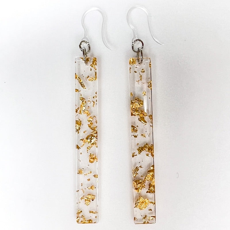 Metallic Fleck Celluloid Earrings (Dangles) - long gold