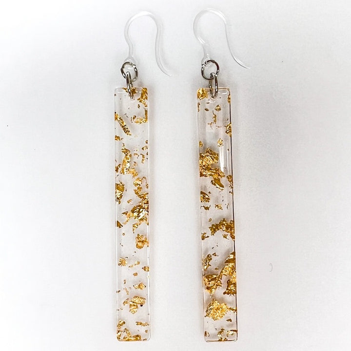 Metallic Fleck Celluloid Earrings (Dangles) - long gold