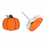 Orange pumpkin outline stud earrings with white edges and plastic posts, front and side views
