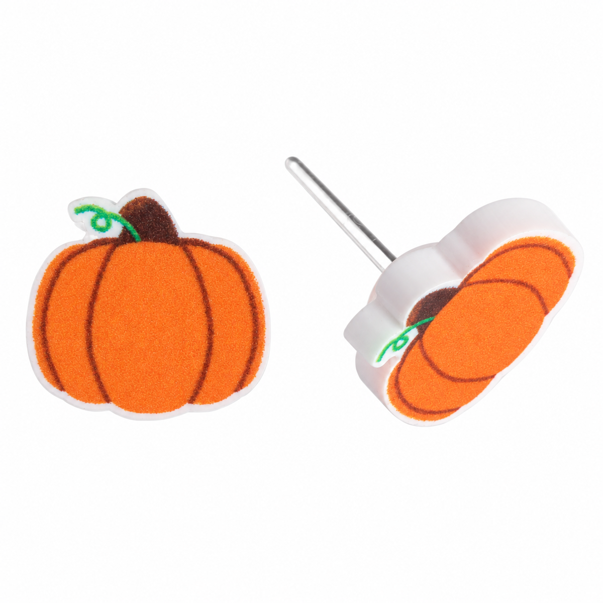 Orange pumpkin outline stud earrings with white edges and plastic posts, front and side views