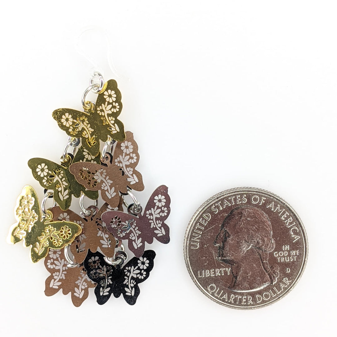 Cascading Butterfly Earrings (Dangles) - metallic - size comparison quarter
